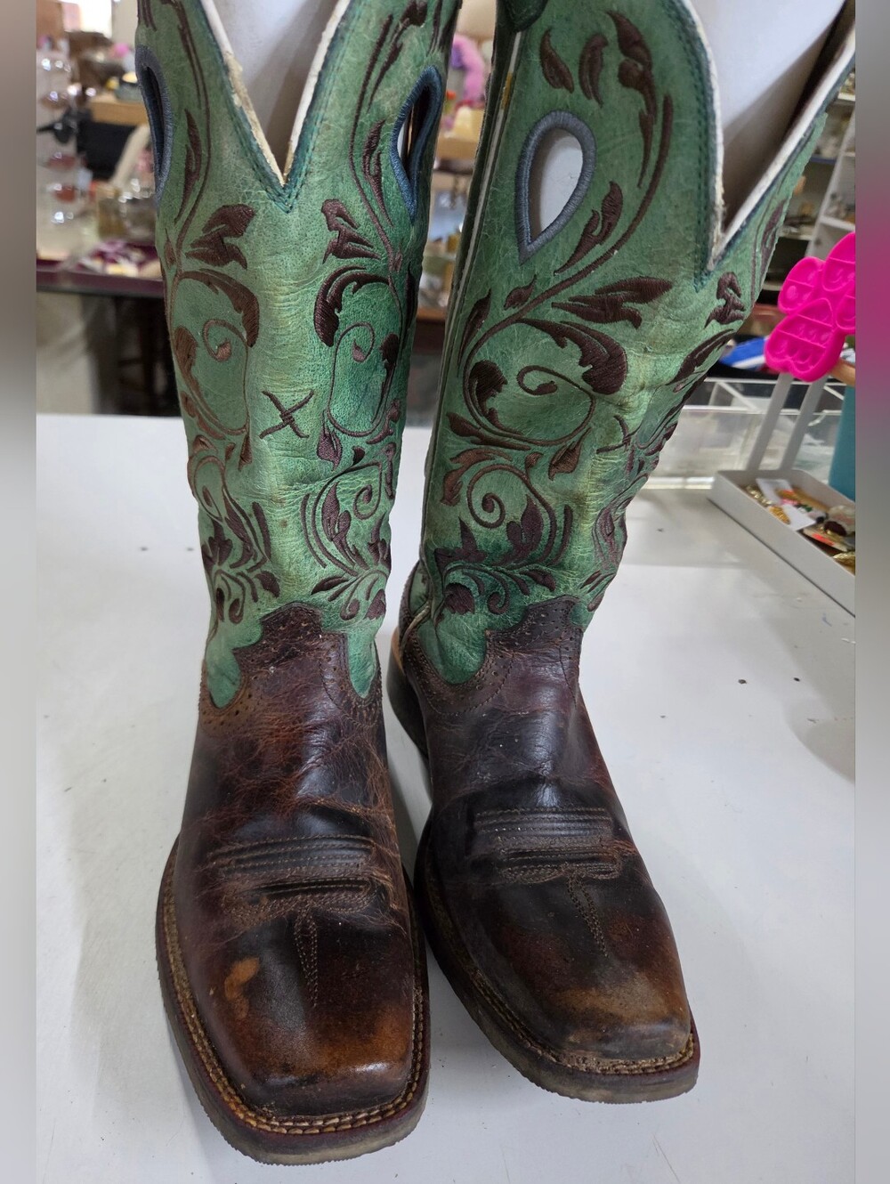 Twisted X Ruff Stock Women's Cowboy Boots Square Toe Turquoise Green Leather 7.5